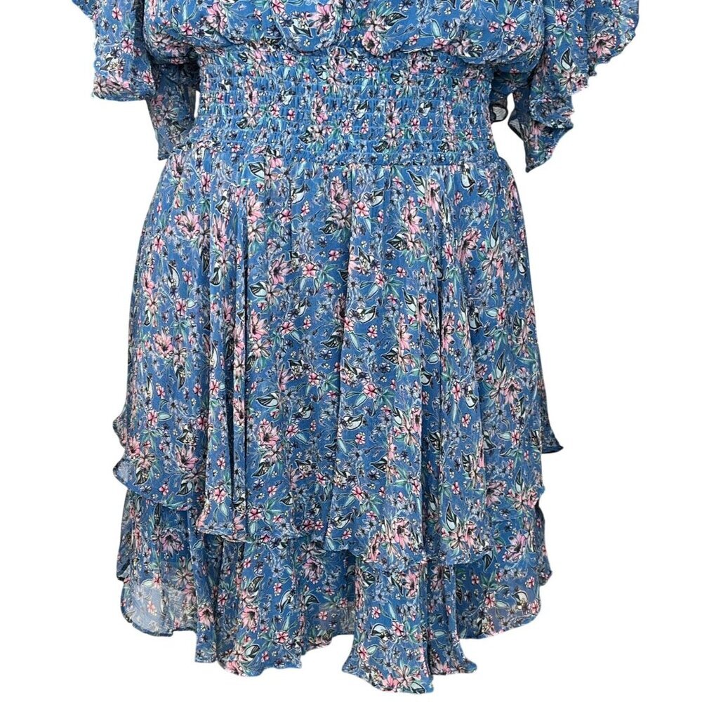 Gilner Farrar Blue Floral Smocked Mini Dress Tiered Ruffle Flutter Sleeve Large - Picture 6 of 8